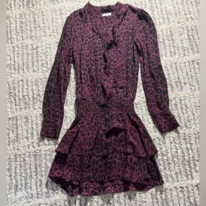 Parker 100% silk purple cheetah print long sleeve dress size S